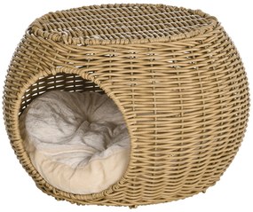 PawHut Niche coș casă pentru pisici 2 etaje din rășină împletită aspect răchită cu 1 pernă moale Ø 40 x 30 cm maro deschis | Aosom Romania