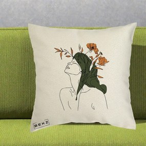 Perna Decorativa Portret Feminin Profil Flori Portocalii, 40x40 cm, Ecru, Husa Detasabila, Perna Inclusa, BEKZ®
