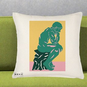 Perna Decorativa Ganditorul Sculptura Pop Art, 40x40 cm, Crem Reliefat, Husa Detasabila, Perna Inclusa, BEKZ®