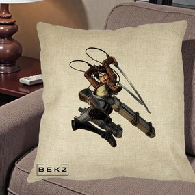 Perna Personalizata Attack on Titan Eren Yeager Lupta, 40x40 cm, Crem, Husa Detasabila, Perna Inclusa, BEKZ®