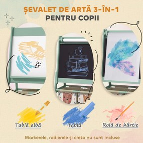 Tablă pentru copii 3 în 1 AIYAPLAY cu 2 containere, șevalet de artă din lemn pentru copii 3-8 ani, 54x46,5x93cm, de culoare verde | Aosom Romania