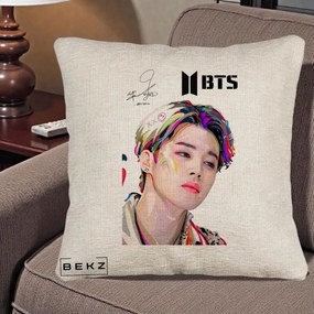 Perna Personalizata K-pop BTS Jimin Portret Artistic Multicolor cu Autograf, 40x40 cm, Bej Canapea, Husa Detasabila, Perna Inclusa, BEKZ®