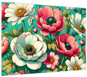 Tablou pe sticlă - Flori pe fundal albastru (70x50 cm)