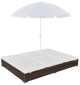 42949 vidaXL Pat șezlong de exterior cu umbrelă, maro, poliratan