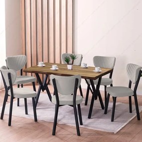 Set Masa Barton din MDF cu 6 Scaune  din metal, culaore nuc si crem, 140 cm