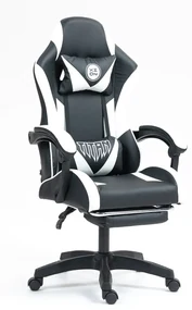 Scaun gaming, masaj în perna lombară, suport picioare, piele PU, Negru/Alb