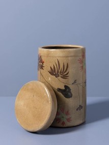 Borcan din ceramică artizanală natur cu capac, motive florale și păsări pictate manual, maro și roșu, 22 × 12 cm, „Campana"