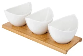 Set servire Florina Adria Gondole 3 piese, bambus, portelan alb, 25 x 9 x 6,5 cm