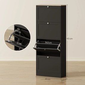 HOMCOM Dulap pentru încălțăminte 24 perechi, dulap cu 4 sertare rabatabile, etajere reglabile, 60x23,5x151cm, negru | Aosom Romania