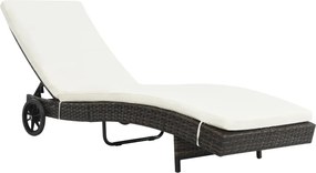 vidaXL Șezlong de plajă cu roți și pernă, maro, poliratan