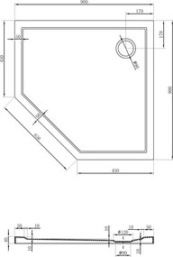 Mexen Flow cadă de duș pentagonală slim 90 x 90 cm, alb lucios - 46P109090