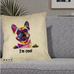 Perna Personalizata Bulldog Francez I'm Cool, 40x40 cm, Crem, Husa Detasabila, Perna Inclusa, BEKZ®