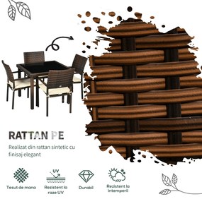 Set de Exterior Outsunny din Ratan PE 5 Bucati, Masa, 4 Scaune, Perne, Maro | Aosom RO