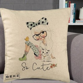 Perna Decorativa So Cute Fata Fashion, 40x40 cm, Bej, Husa Detasabila, Perna Inclusa, BEKZ®