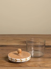 Borcan din sticlă natur cu capac din lemn de mango, model cu frunze stilizate pictat manual, 14 × 12 cm, „Bocage"