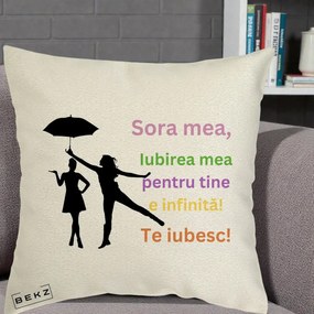 Cadou pentru Sora - Perna Personalizata Sora Mea Te Iubesc Siluete Colorate Umbrela, 40x40 cm, Ecru, Husa Detasabila, Perna Inclusa, BEKZ®