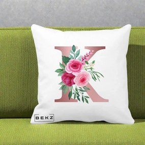 Cadou Personalizat - Perna Personalizata Monograma Rose Gold Litera K, 40x40 cm, Alba Mata, Husa Detasabila, Perna Inclusa, BEKZ®