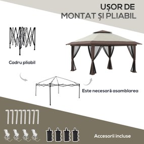 Outsunny Pavilion Pliabil Pop-Up 4x4 m cu Înălțime Reglabilă pe 3 Niveluri, Pavilion de Exterior cu Plasă de Țânțari, Saci de Nisip, Geantă de Transport, UV50+, pentru Grădină, Camping, Petreceri, Bej | Aosom Romania