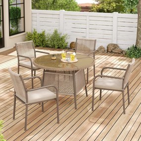 Set mobilier de grădină modern, 5 piese, masă rotundă cu blat din sticlă securizată, 4 scaune cu brațe cu spătar din sfoară, Maro