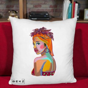 Perna Decorativa Portret Femeie Colorat Pop Art, 40x40 cm, Alb Pufos, Husa Detasabila, Perna Inclusa, BEKZ®