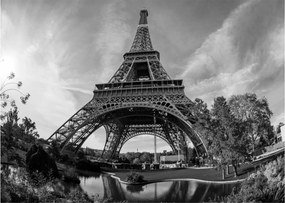Tablou pe sticlă - Turnul Eiffel, alb-negru (70x50 cm)