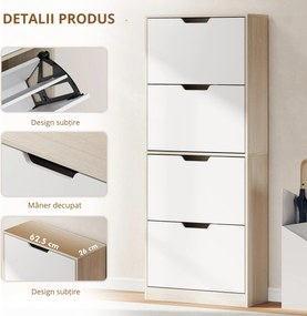 HOMCOM Dulap Subțire pentru Pantofi cu 4 Sertare pentru 16 de Perechi de Pantofi 62.5x26x156 cm, Culoare Lemn și Alb | Aosom Romania
