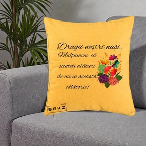 Cadou pentru Nasi - Perna Personalizata Dragii Nostri Nasi Multumim cu Flori Multicolore, 40x40 cm, Galben, Husa Detasabila, Perna Inclusa, BEKZ®