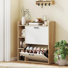 HOMCOM Dulap Slim pentru Pantofi cu 2 Sertare Rabatabile și 3 Compartimente, Capacitate 15 Perechi, 83x24x90,5 cm, Lemn și Alb | Aosom Romania