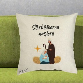 Perna Decorativa Nasterea Domnului Sfanta Familie Sarbatoarea Nasterii, 40x40 cm, Ecru, Husa Detasabila, Perna Inclusa, BEKZ®