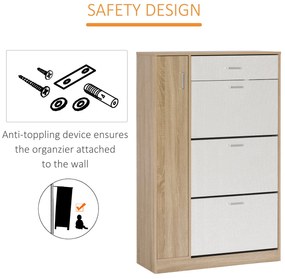 HOMCOM Suport pentru Pantofi Modern care Economiseste Spatiu cu 3 Usi si Rafturi Reglabile, Sertar si Dulapior cu Polite, Culoarea Lemnului si Alb