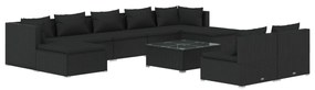 Set mobilier de gradina cu perne, 10 piese, negru, poliratan Negru, 2x colt + 5x mijloc + 2x suport pentru picioare + masa, 1