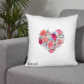 Perna Decorativa Inima din Bujori Acuarela, 40x40 cm, Alb Pufos, Husa Detasabila, Perna Inclusa, BEKZ®