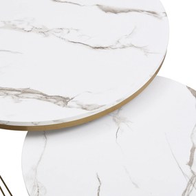 Set de 2 Măsuțe de Cafea Moderne Modulare din Marmură Sintetică cu Detalii Aurii și Sertare, Dimensiuni 70x70x45 cm și 50x50x40 cm, Alb