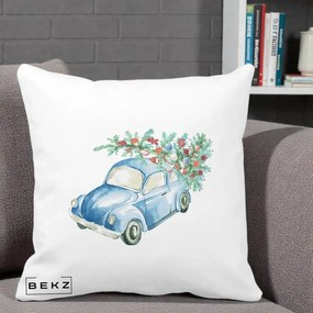 Perna Decorativa Masinuta Albastra cu Brad de Craciun, 40x40 cm, Alba Mata, Husa Detasabila, Perna Inclusa, BEKZ®