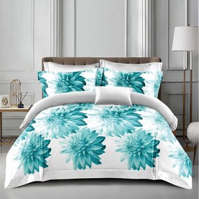Lenjerie pat dublu cu doua feţe  4 piese  Bumbac Satinat Superior  Turquoise  flori