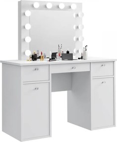 Masuta machiaj cu Oglinda LED si 3 Sertare pentru Cosmetice, Set Masa toaleta 120 cm, Alb, masuta cosmetica, vanity - SEA537