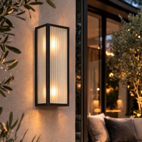 Aplică de perete exterioară neagră cu sticlă nervurată cu 2 lumini IP44 - Charlois