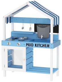 Bucătărie de exterior AIYAPLAY pentru copii cu acoperiș de soare, set de ustensile de bucătărie, lemn masiv, albastru | Aosom Romania