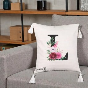 Cadou Personalizat - Perna Personalizata Monograma Florala Litera L, 40x40 cm, Bej cu Franjuri, Husa Detasabila, Perna Inclusa, BEKZ®