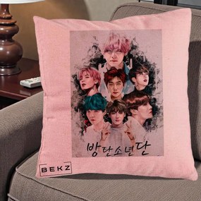 Perna Personalizata K-pop BTS Bangtan Boys Poster Artistic Negru Alb, 40x40 cm, Roz, Husa Detasabila, Perna Inclusa, BEKZ®