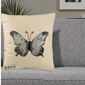 Perna Decorativa Fluture Acuarela Albastru-Gri, 40x40 cm, Bej, Husa Detasabila, Perna Inclusa, BEKZ®