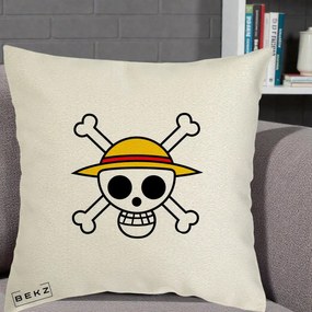 Perna Personalizata One Piece Jolly Roger Straw Hat Pirates, 40x40 cm, Ecru, Husa Detasabila, Perna Inclusa, BEKZ®