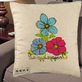 Perna Decorativa Trei Flori Grafice Pop Art, 40x40 cm, Bej, Husa Detasabila, Perna Inclusa, BEKZ®