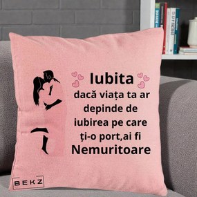 Cadou pentru Iubita - Perna Personalizata Iubita Nemuritoare cu Siluete de Cuplu, 40x40 cm, Roz, Husa Detasabila, Perna Inclusa, BEKZ®