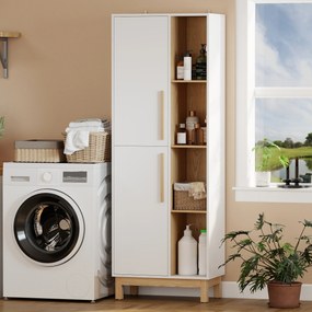 HOMCOM Dulap de Baie Înalt, Dulap Salvaspațiu cu 2 Uși și 4 Rafturi Deschise, Rafturi Reglabile, pentru Spălătorie, 62.5x35x176 cm, Alb | Aosom Romania