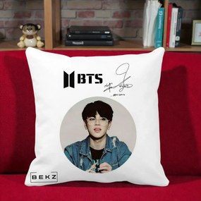 Perna Personalizata K-pop BTS Jimin Portret Cerc Autograf Geaca, 40x40 cm, Alba Mata, Husa Detasabila, Perna Inclusa, BEKZ®