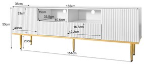 Comodă TV Moderno cu Picioare și Margini Aurii, Două Rafturi și Două Sertare, 165x36x55 cm, Alb