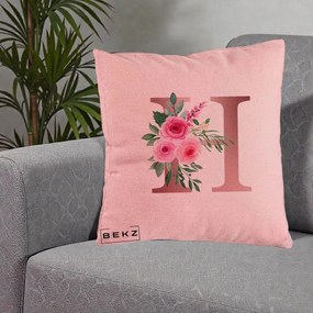 Cadou Personalizat - Perna Personalizata Monograma Rose Gold Litera H, 40x40 cm, Roz, Husa Detasabila, Perna Inclusa, BEKZ®