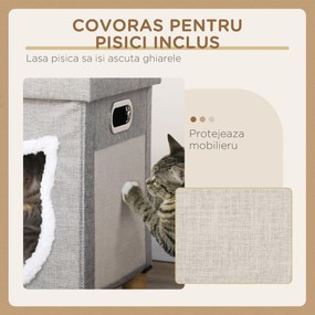 PawHut Căsuță pentru Pisici cu Covor de Zgâriat, Pernă și Bilă, 35.5x35.5x42.5 cm, Crem și Gri | Aosom Romania