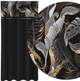 Draperie neagră clasică cu imprimare de frunze gri și aurii Lățime: 160 cm | Lungime: 270 cm